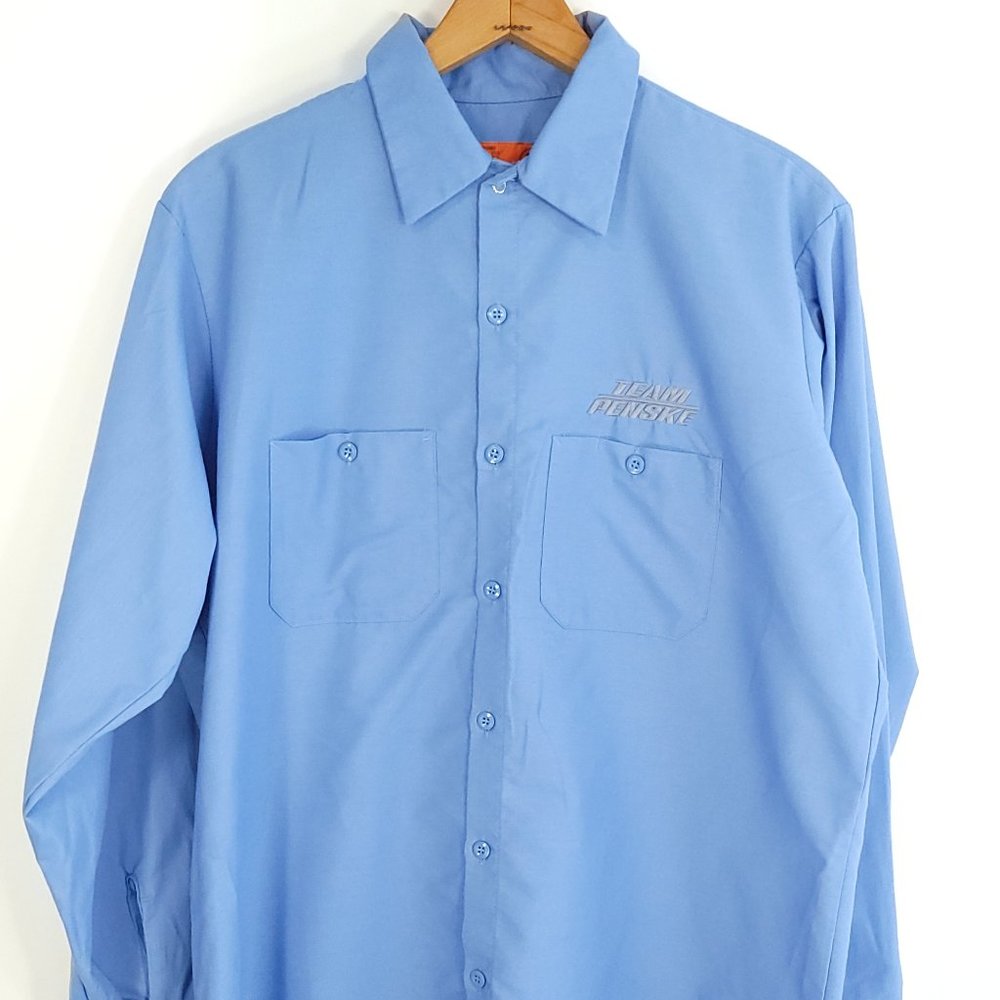 Team Penske Work Shirt Men's Large Blue Red Kap Button Front Long Sleeve